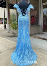 Leila | Mermaid Feather Appliques Blue Sequin Long Prom Dress - Price #price_variant_lowest# - Blue - PromDressClub